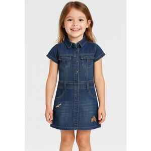 Girls Denim Dress Youth Girls Size 6X Blue Short Sleeve Button Up Army 2 be Real